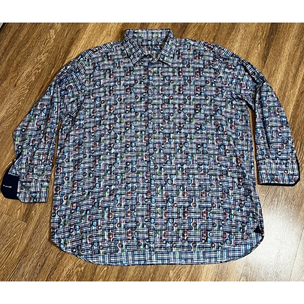 Visconti Black Men 3XLB Button Down Shirt Blue Plaid Abstract Geometric Print LS